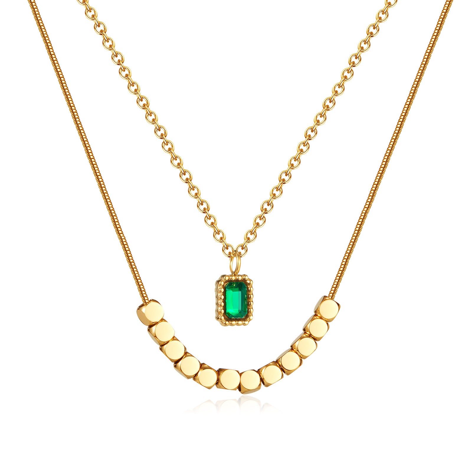 Wholesale New Chinese Style Emerald Zircon Stainless Steel Small Square Necklace